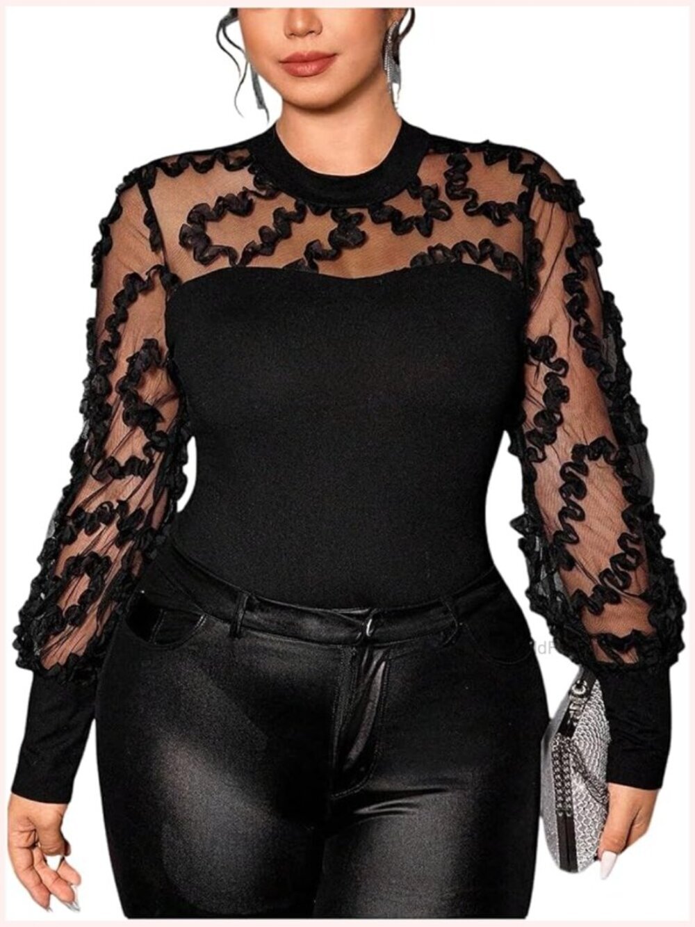 Plus Size Mock Neck Sheer Mesh Embroidered Blouses Puff Sleeve Elegant Going